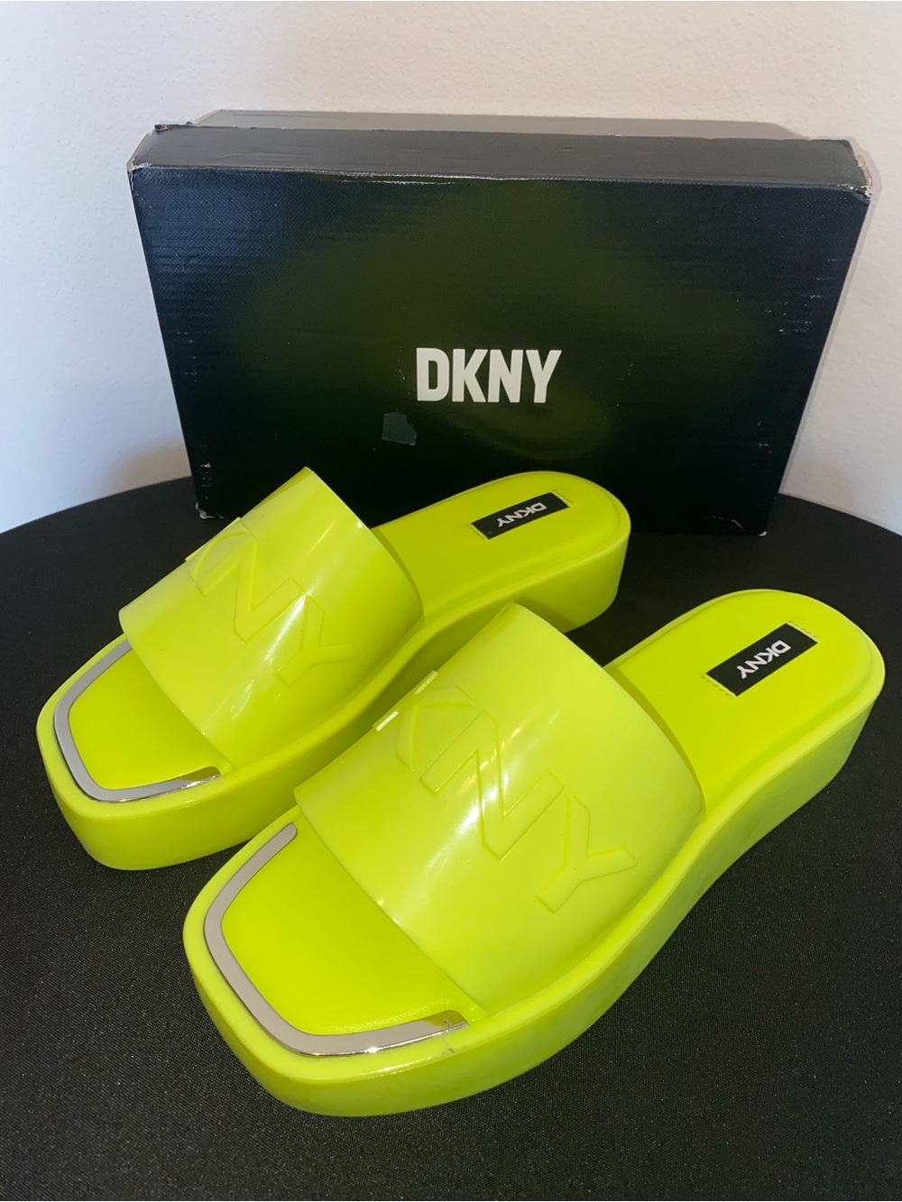DKNY Neon Platform Slide Sandals